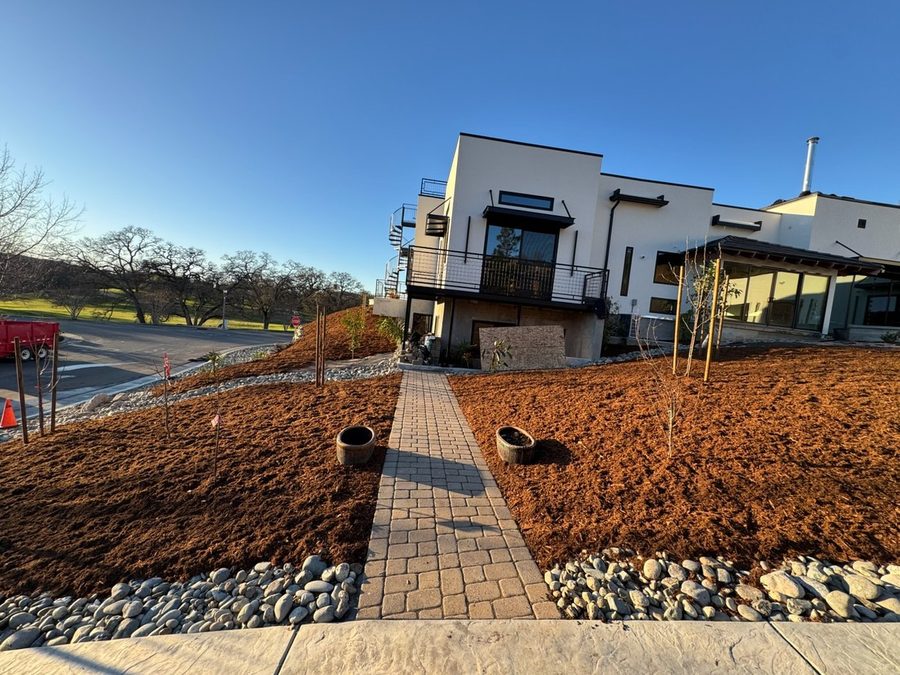 A paver walk laid across a bark terrace with a cobble border running along its edge to carry surface water away.