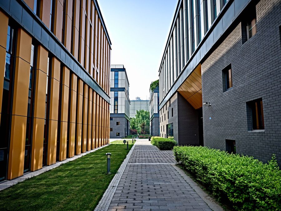 Commercial grounds — a paved walk, lawn and planting between office buildings